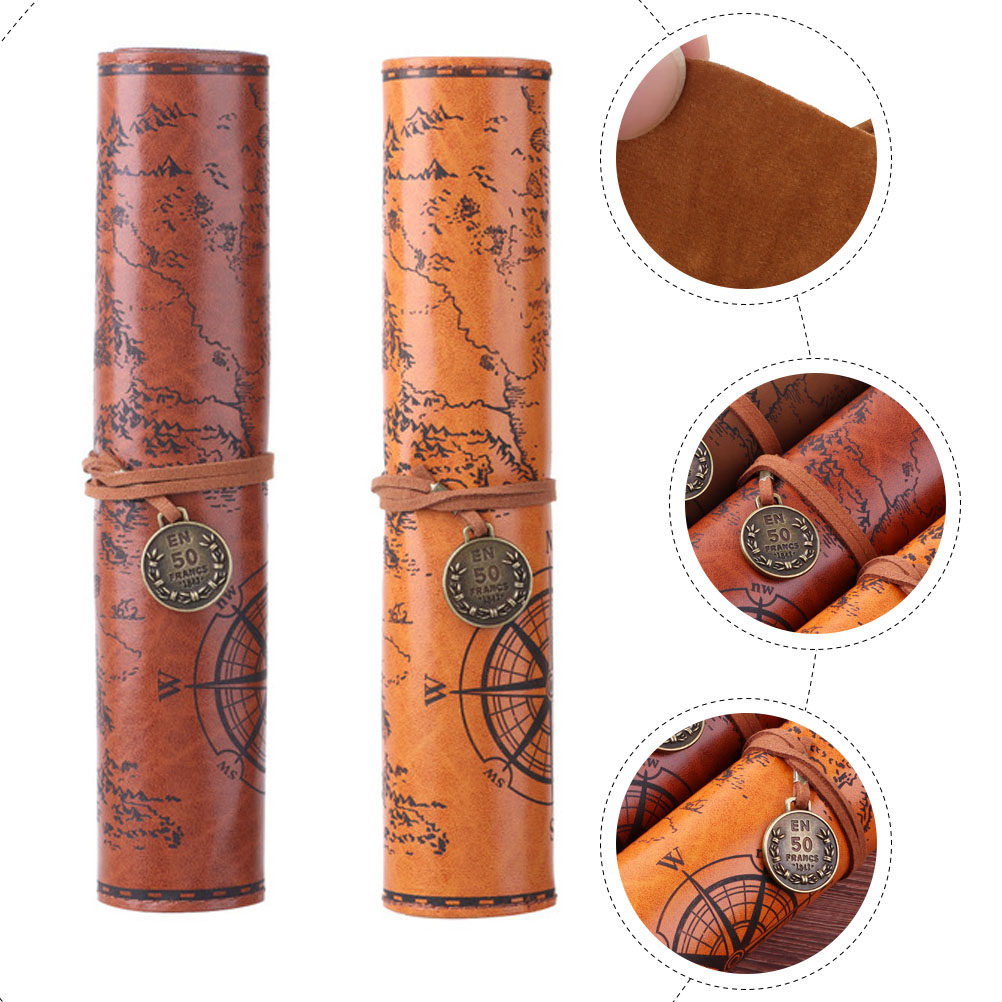 2Pcs Tempat Pensil Vintage PU  - Pen Pouch Roll ulasan dan harga