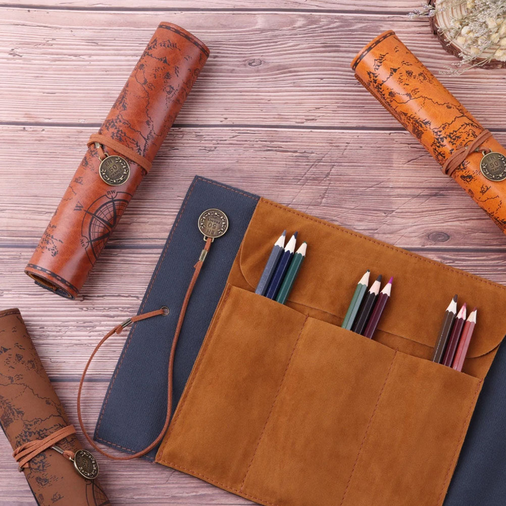 2Pcs Tempat Pensil Vintage PU  - Pen Pouch Roll ulasan dan harga